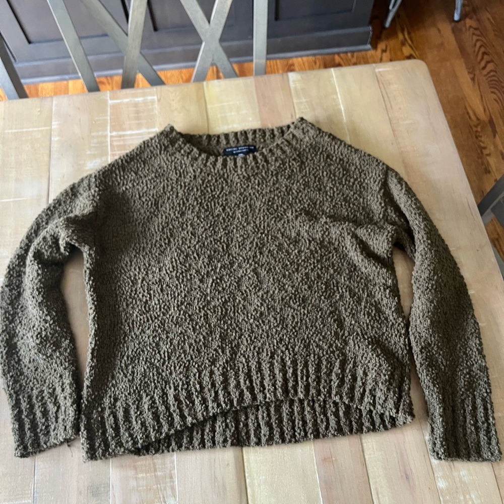 Women's Olive Textured Crewneck Sweater - Casual Bouclé Knit